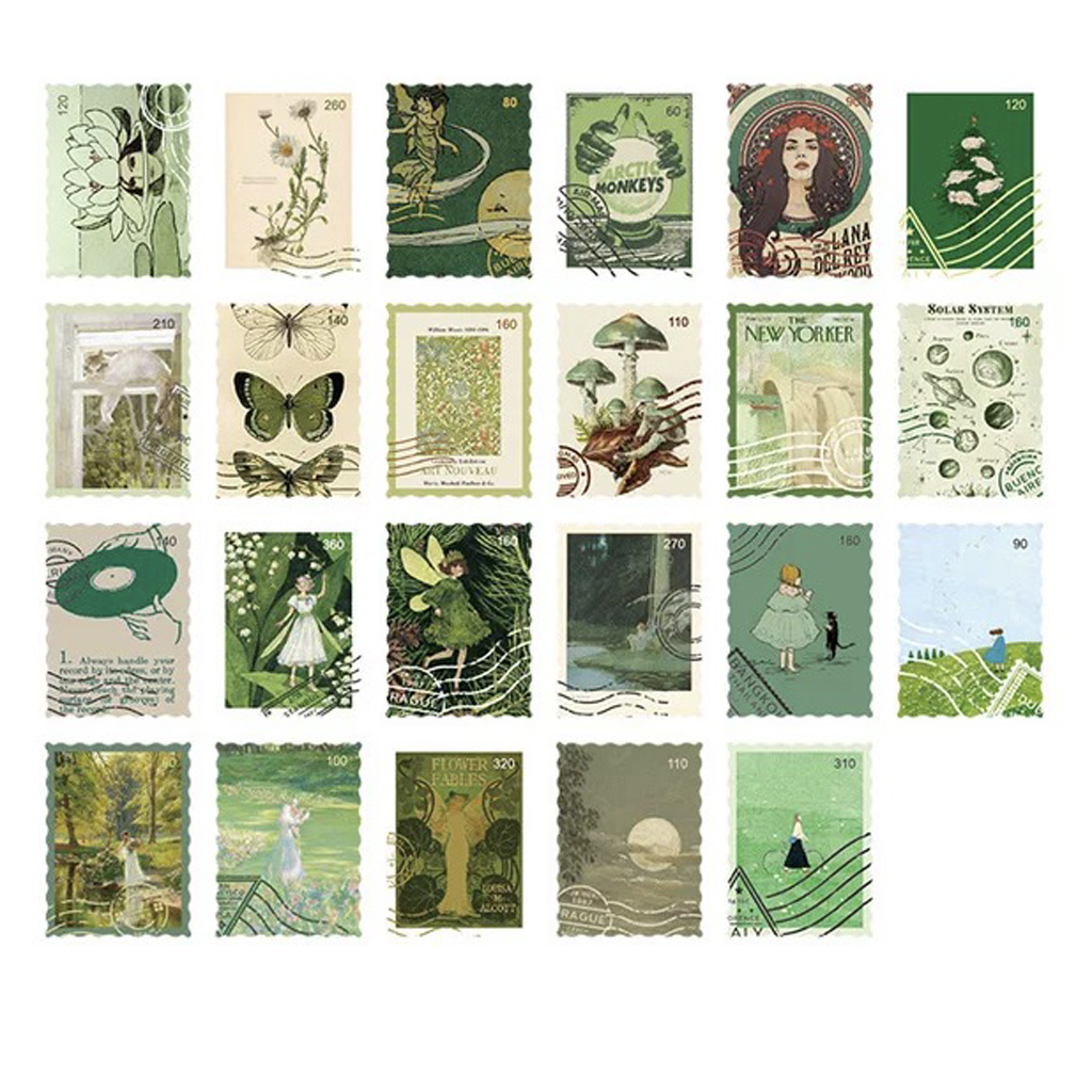 Hộp 46 pcs stickers dạng tem thư kiểu cổ điển vintage dùng để trang trí sổ tay nhật kí