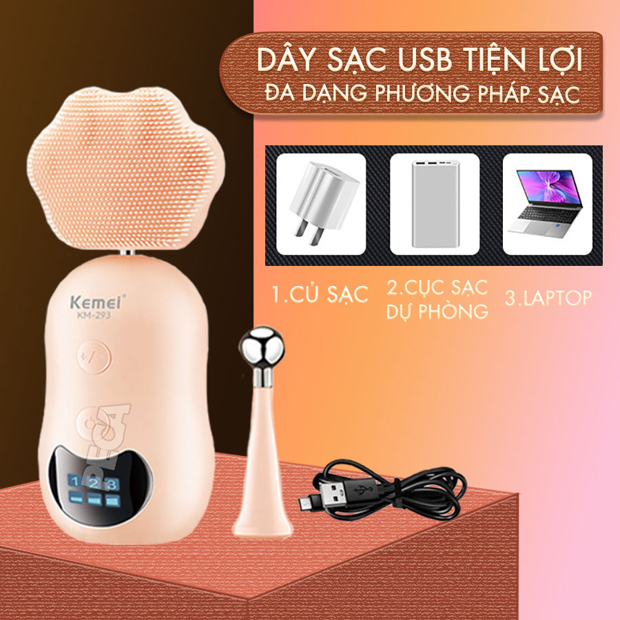 Máy rửa mặt đa năng 2in1 Kemei KM-293 điều chỉnh 3 mức tốc độ, kèm đầu lăn nâng cơ massage giảm thâm mắt - Hàng chính hãng