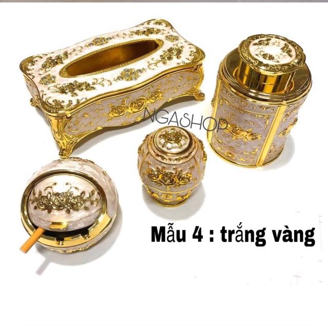 COMBO ( HỘP ĐỰNG GIẤY ĂN+GẠT TÀN THUỐC LÁ + HŨ ĐỰNG TRÀ + LỌ TĂM ) MẠ MÀU VÀNG CAO CẤP ĐỂ BÀN