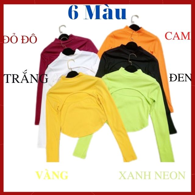 Áo Thun Croptop Nữ Hở Khoét Ngực Dài Tay Cổ Lọ Màu Đen Xanh Cam Đỏ-Áo CRT Kiểu Hở Ngực Tay Dài Thun Gân Ngắn Sexy