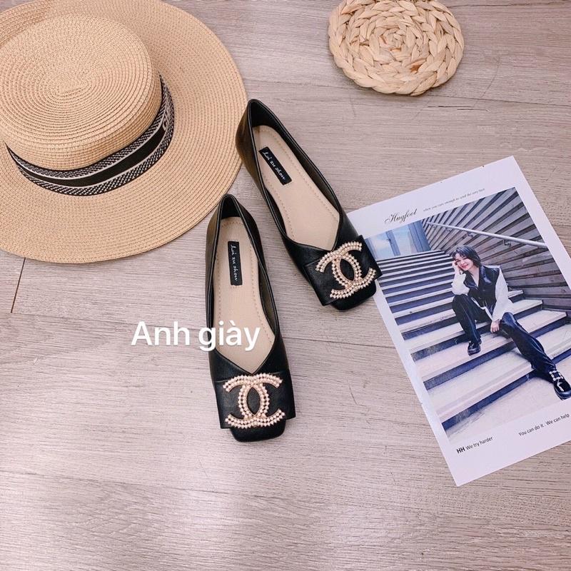 GB47 - Giày bệt mũi vuông da lì nơ đá chữ X đế mềm, dẻo