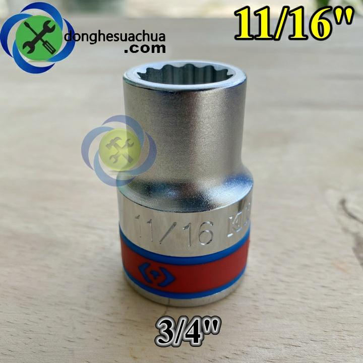 Tuýp 11/16 hệ inch 3/4 Kingtony 633022S loại ngắn 12 cạnh màu trắng 17.46mm