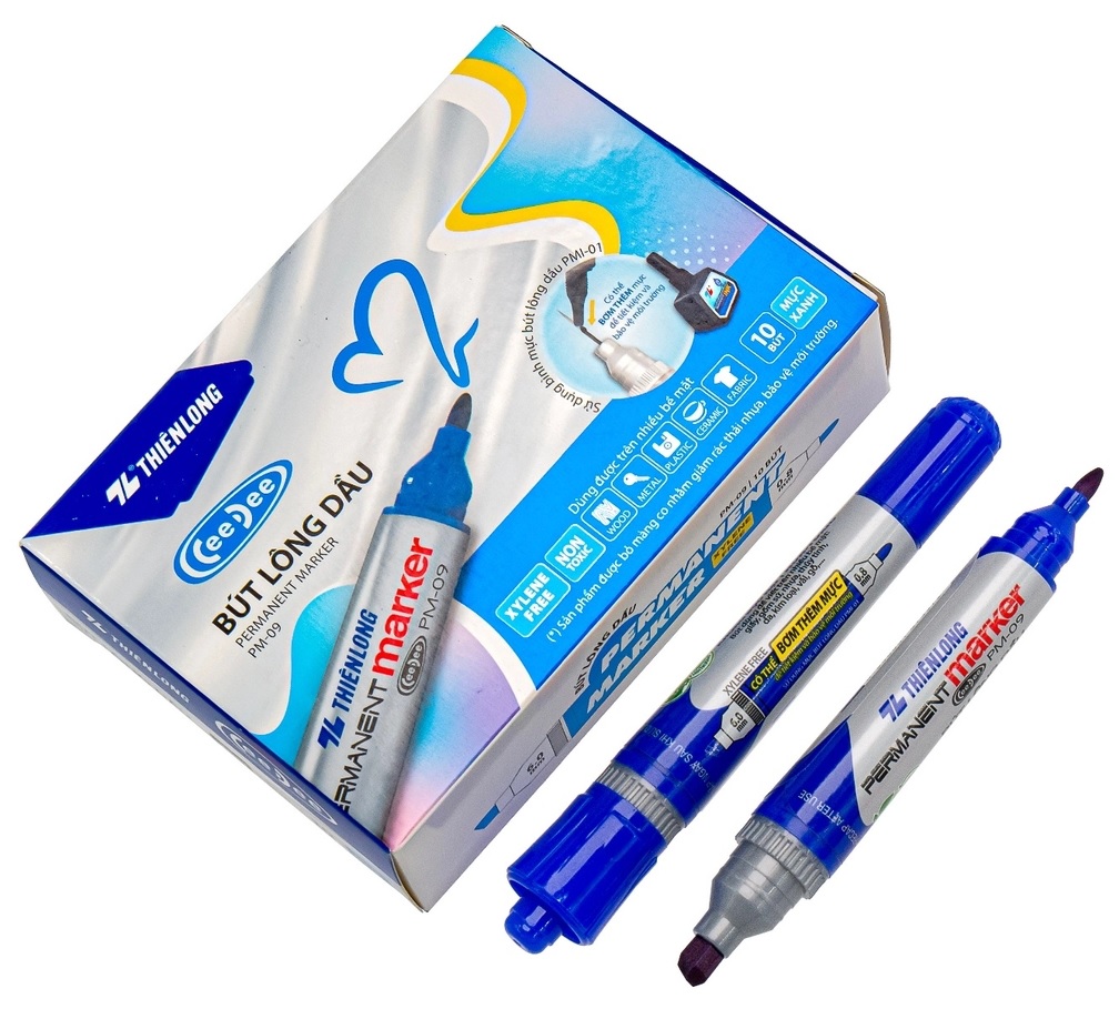 Hộp 10 Cây Bút Lông Dầu 2 Đầu PM09 - Mực Xanh