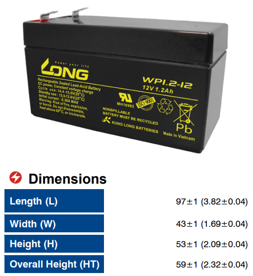 Ắc Quy Kín Khí (VRLA AGM) LONG 12V-1.2Ah (20HR), WP1.2-12, F1