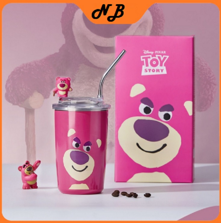 Ly Giữ Nhiệt Gấu Dâu LOTSO 450ml, Cốc Giữ Nhiệt Gấu Hồng Kèm Ống Hút Inox Xinh Xắn