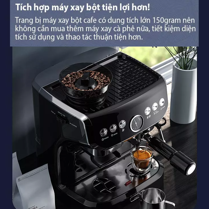 Máy pha cà phê Espresso chuyên nghiệp 4 trong 1 Tanser EM3108, áp suất 19 bar, dung tích bình nước 2 lít, công suất 1560W  - Bảo hành 12 tháng