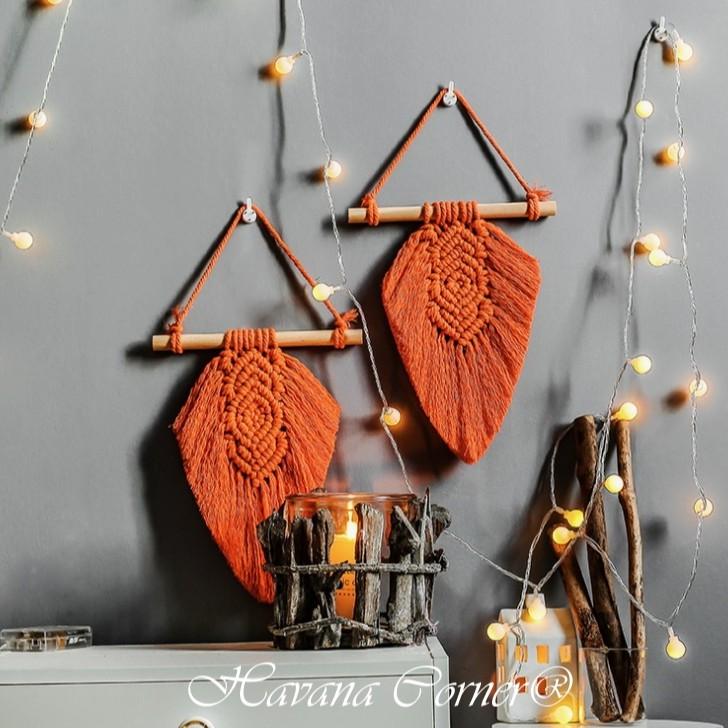 Lá macrame trang trí treo tường, Macrame lá 2 màu trắng, cam đất