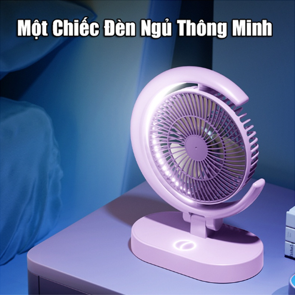 Quạt Để Bàn Tích Điện Mini 3 Cấp Độ Gió Teement, Tích Hợp Đèn Ngủ Động Cơ Không Tiếng Ồn Pin Pin 1200mah , Điều Chỉnh Lên Xuống 360°- Hàng Chính Hãng