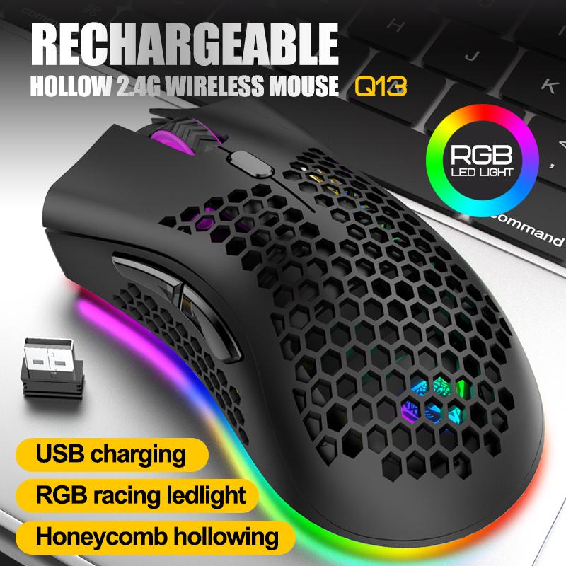 2.4GHz Không Dây Chơi Game 1600 DPI Có Thể Điều Chỉnh RGB Backlit Sạc Chuột Nhẹ Tổ Ong Vỏ Game Thủ Chuột