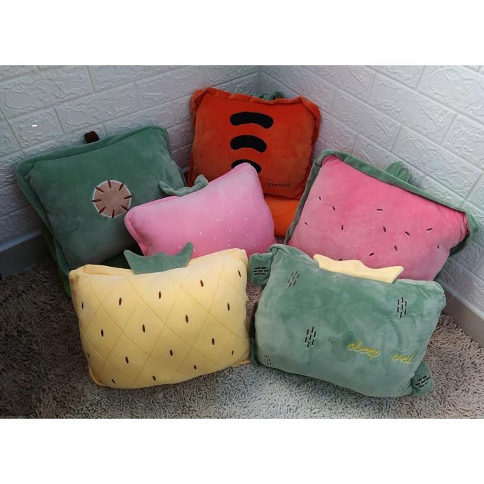 GỐI MỀN 3in1 Gối mền TRÁI CÂY VUÔNG siêu cute, nỉ nhung siêu mịn, chăn gối văn phòng, gấu bông kèm mền GM73-TraiCayVuong