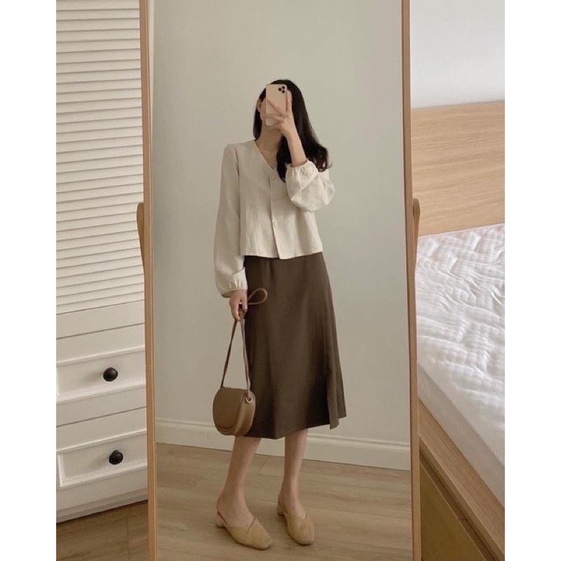 Chân váy xoè midi - chân váy dài hàn quốc phối cúc dọc