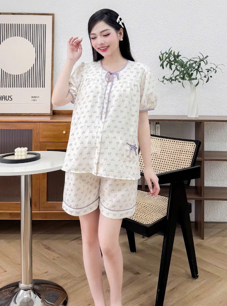 Bộ Sooc Đũi Nơ Tím Cho Mẹ Bầu. Chất đũi siêu nhẹ, mềm, thấm hút mồ hôi