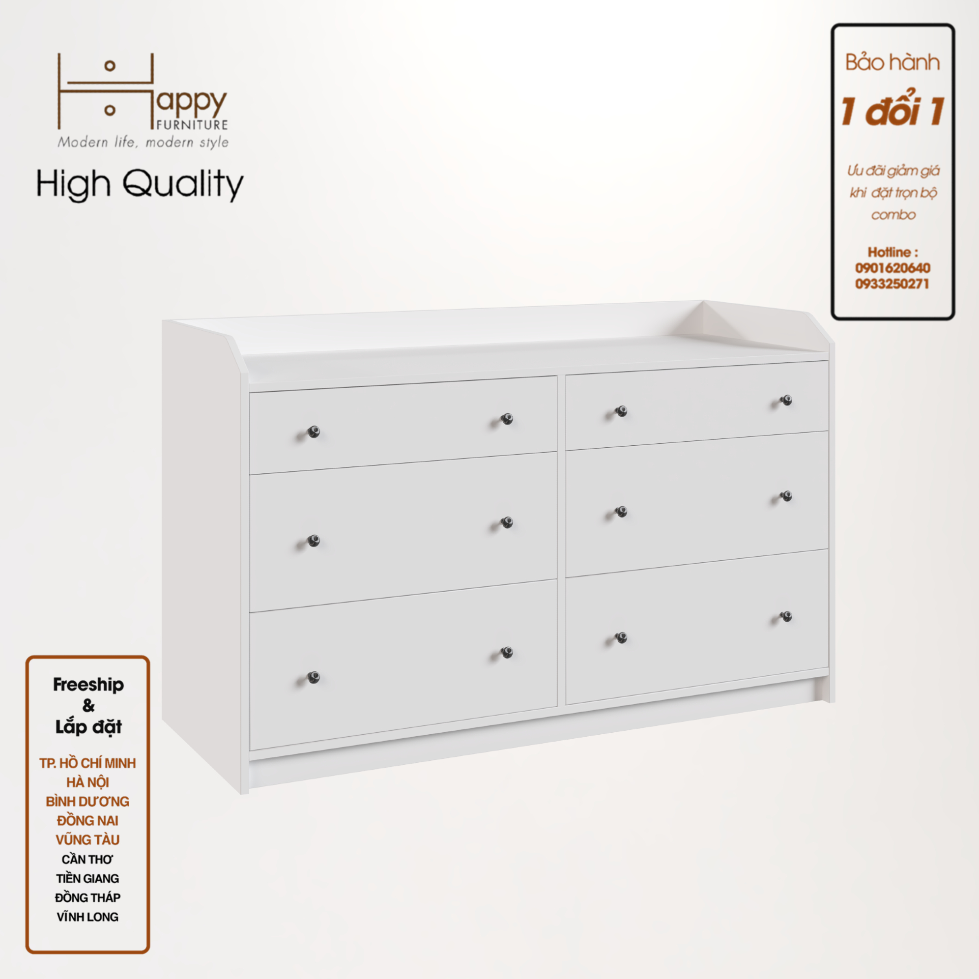 [Happy Home Furniture] CANA,  Tủ 3 tầng - 6 ngăn kéo ,  138cm x 46cm x 84cm ( DxRxC), THK_009