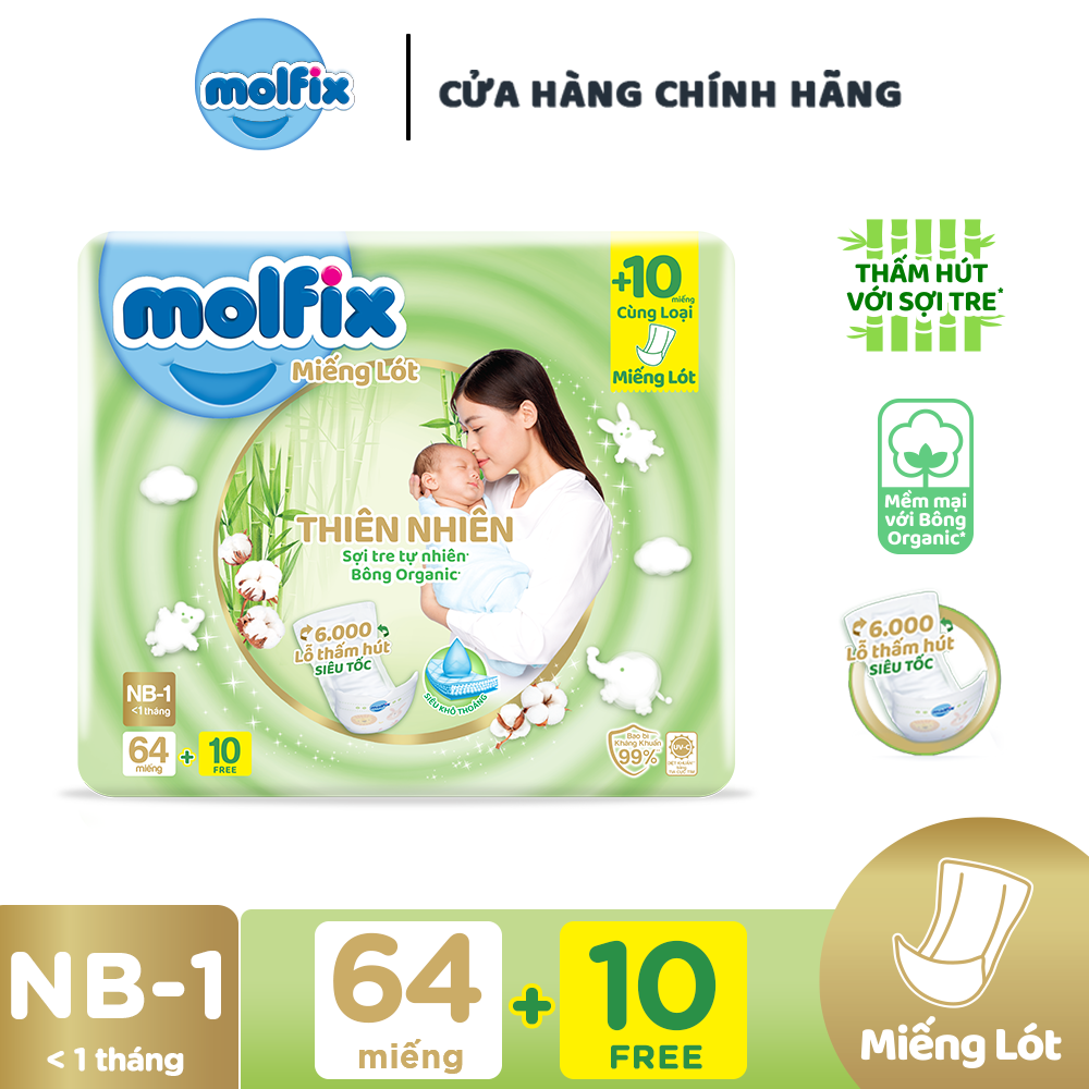 Miếng lót sơ sinh Molfix Thiên nhiên Jumbo Newborn 1 (dưới 1 tháng tuổi) - Gói 64+10 miếng