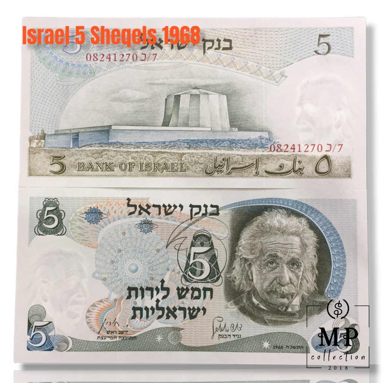 Tiền Israel 5 Sheqels 1968 , chân dung thiên tài toán học Albert Einstein, mới 100% UNC, tặng phơi nilon bảo quản