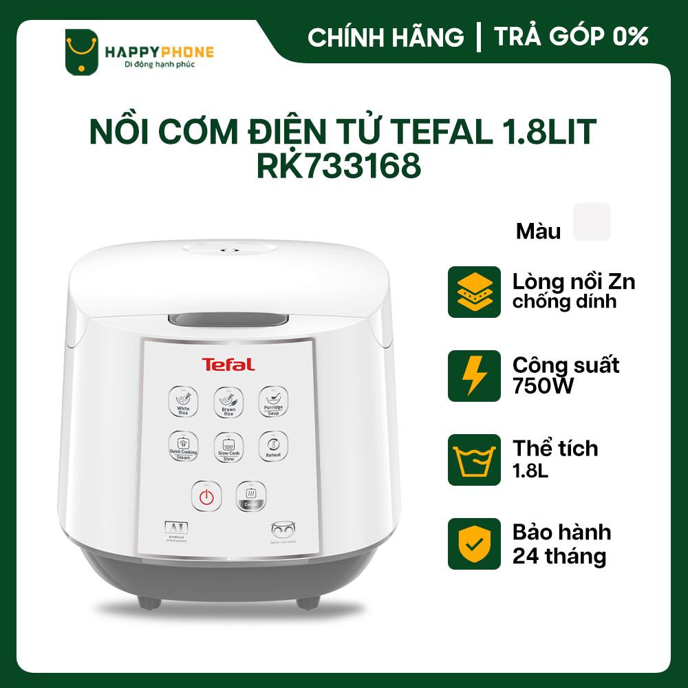 Nồi Cơm Điện Tử TEFAL 750W RK733168 1.8L Màu Trắng - Hàng Chính Hãng