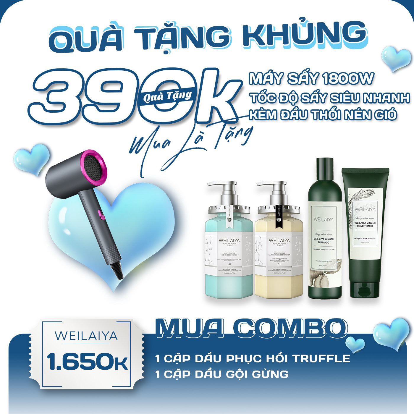 Combo dầu gội đầu, dầu xả tóc Weilaiya chiết xuất nấm Truffle và dầu gội đầu, dầu xả tóc thảo dược gừng Weilaiya