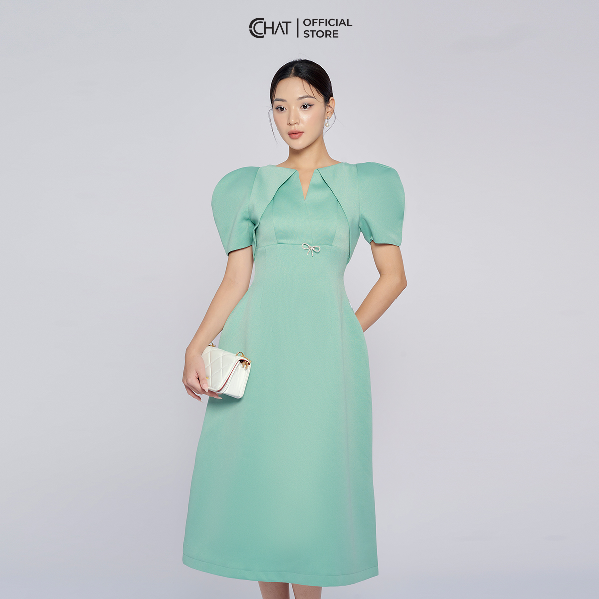 Đầm Nữ Dáng A Cổ Lật Tay Bồng Chất Tuytsi Cao Cấp Thanh Lịch 13VNS2010AT