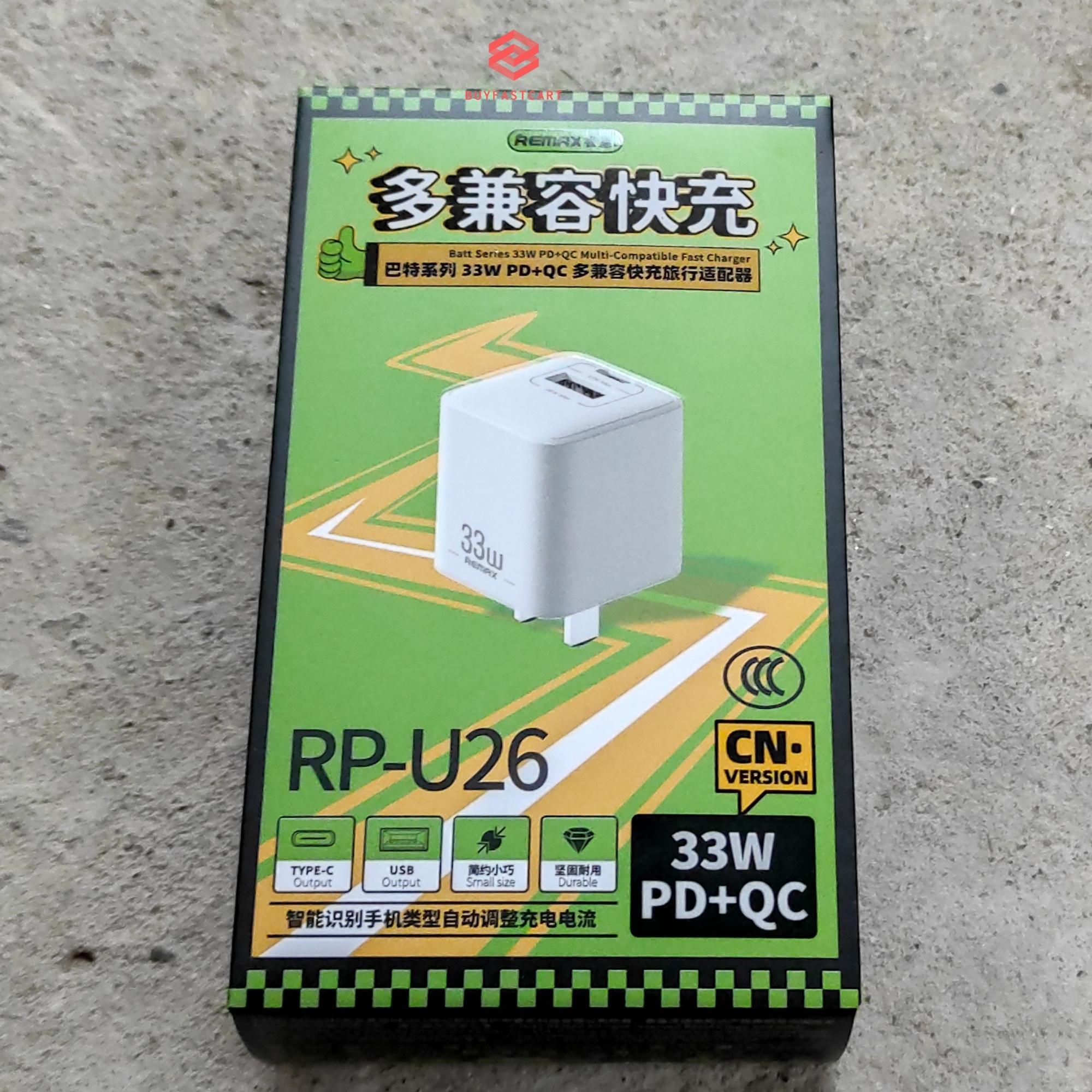 Củ Sạc Nhanh Remax RP-U26 Siêu Nhỏ Gọn Cổng Kép Gan PD 33W + QC 3.0 - Hàng chính hãng