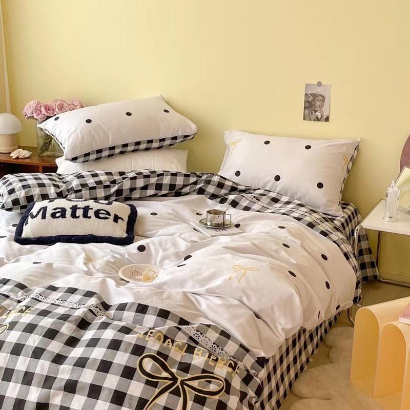 Set Chăn Ga Gối Cotton Living Dây Nơ 100% cottonHàng Nhập Khẩu Cao Cấp 4 Món Nơ Xinh Chấm Bi