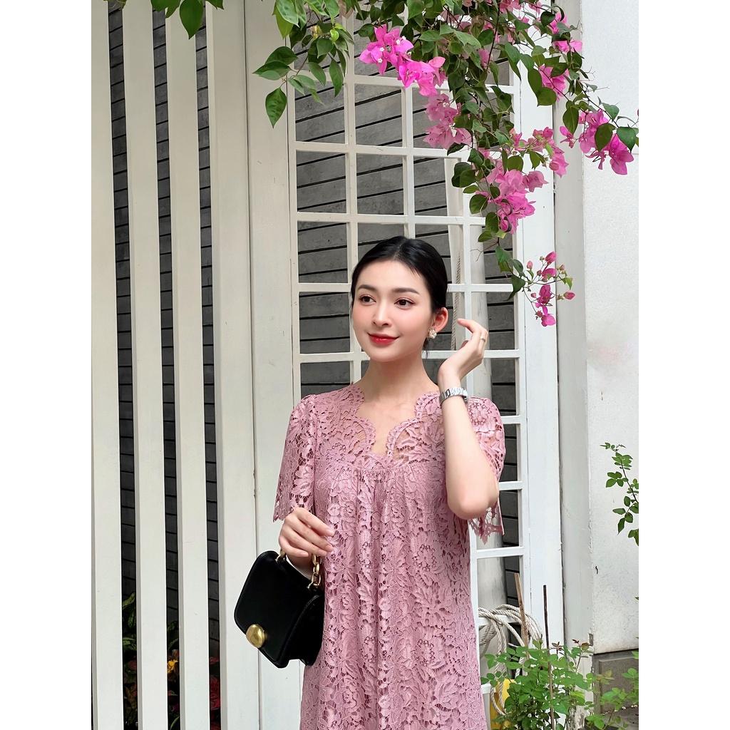 SHEAZ Đầm ren hồng dài midi dáng suông dáng bầu tay ngắn cổ V