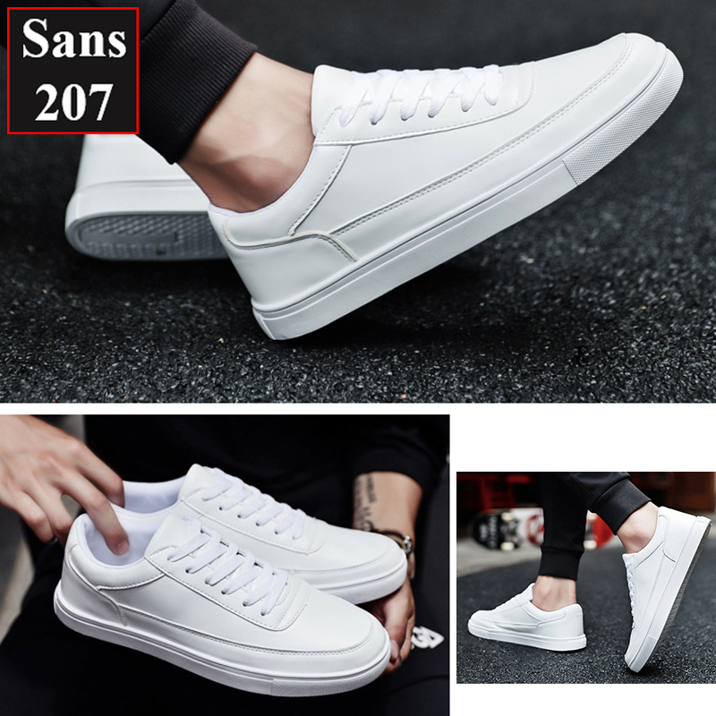 Giày thể thao nam full trắng đen Sans207 sneakers basic đơn giản buộc dây sport đế bằng thời trang trẻ trung cá tính