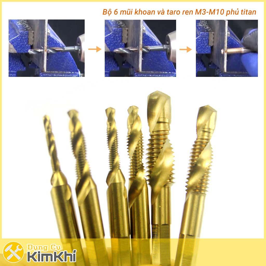 Bộ 6 mũi khoan Taro M3-M10 thép HSS 6542 phủ Titanium tạo ren inox, doa âm mũ vít