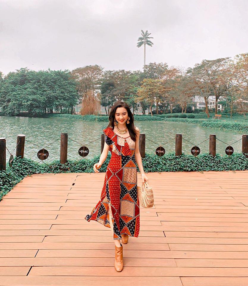 Barley dress - Váy maxi vai rủ họa tiết kẻ ô size M