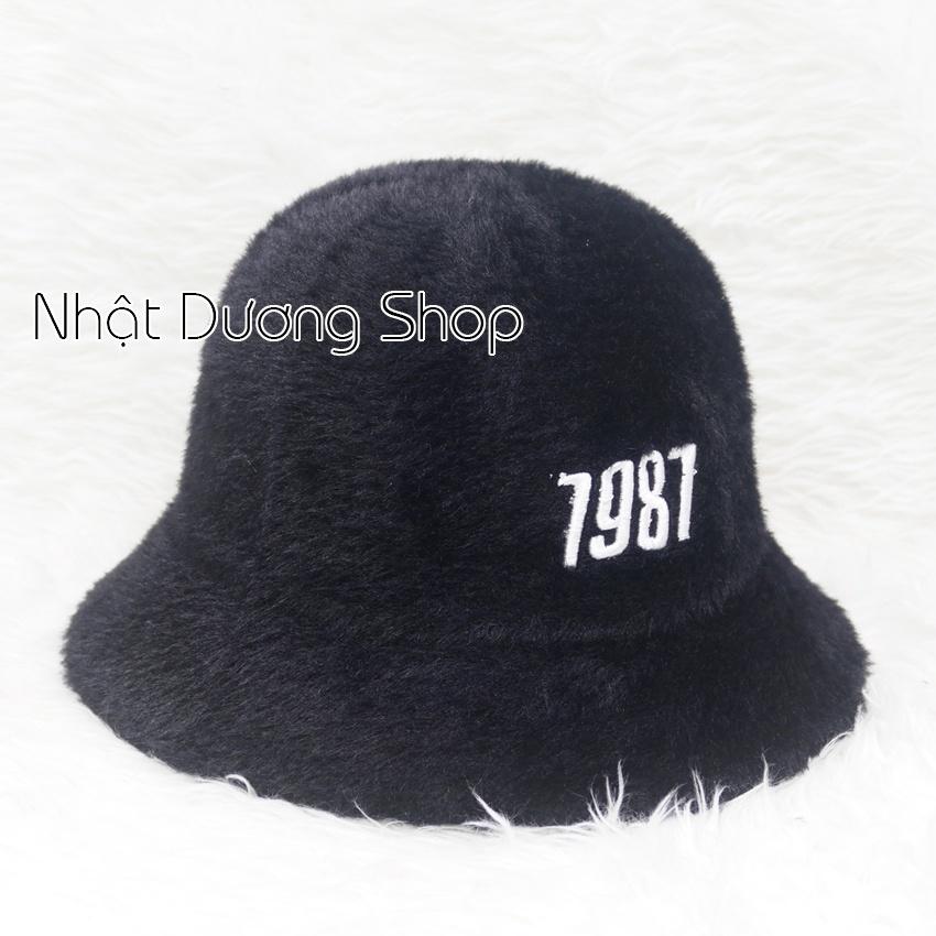 Nón Lông Thỏ Bucket Nữ Thời Trang Cao Câp, nón tai bèo vành cụp lông thỏ hàng quảng châu thêu số 1987