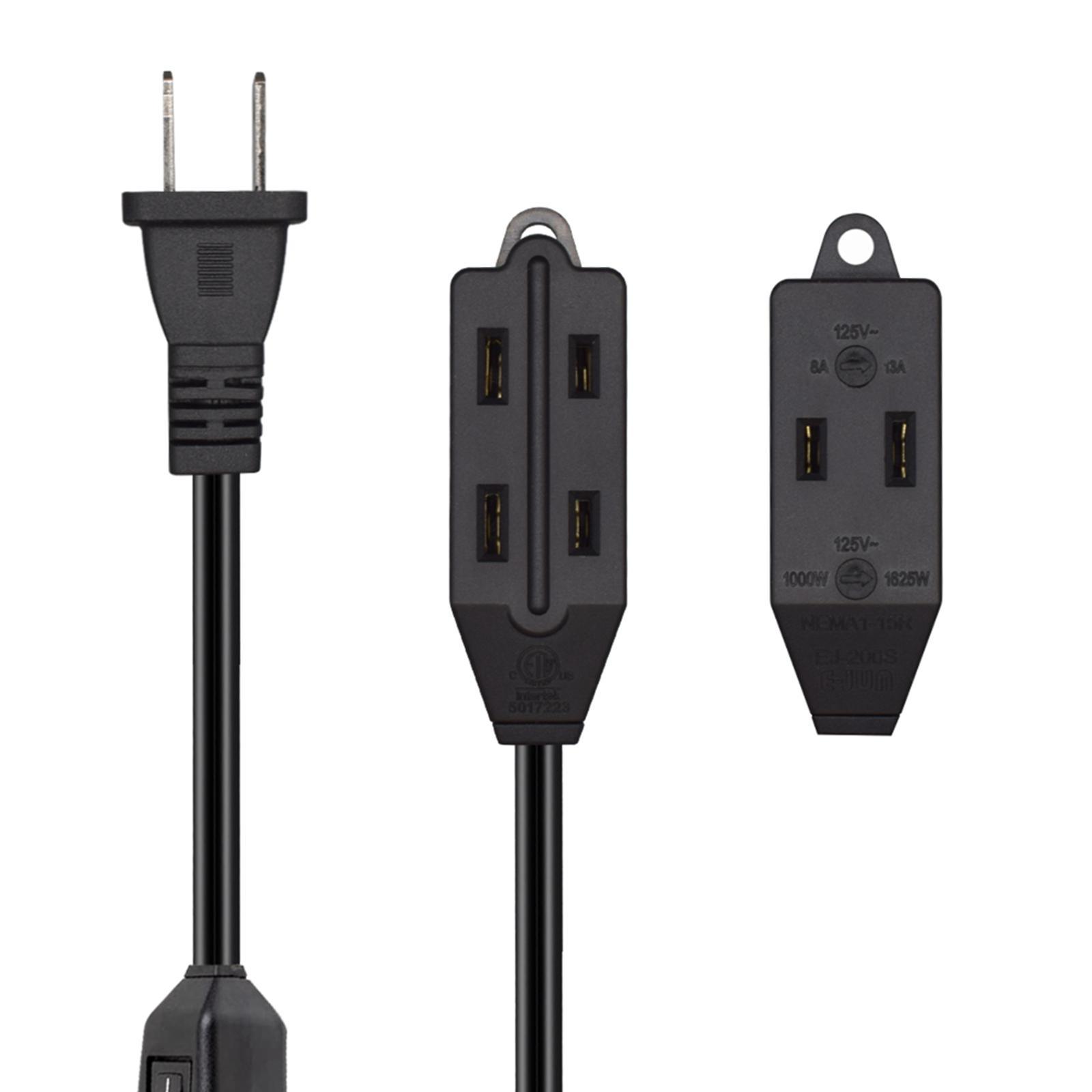 2 Prong Power Strip with 12A Switch 3 Outlet Extension Cord for Home