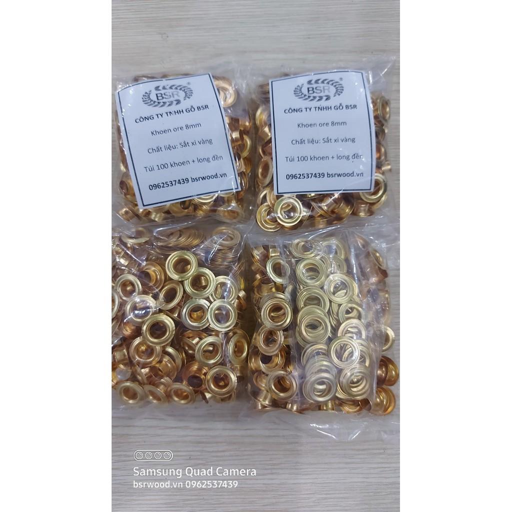 Khoen ore 8mm Khuy mắt cáo đóng bạt, bấm bạt, bấm túi giấy Bằng sắt xi MÀU VÀNG Túi 100 cái + 100 long đền