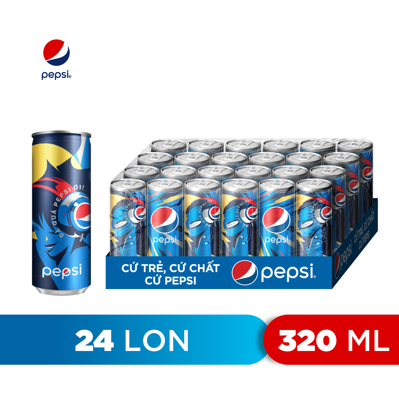 Thùng 24 Lon Nước Ngọt Có Gaz Pepsi lon xanh (320ml/lon)