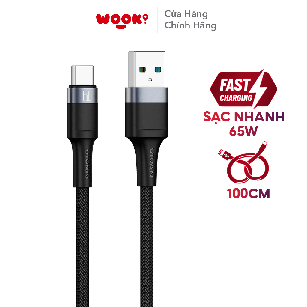 Dây Cáp Sạc Siêu Nhanh VIVAN Sạc nhanh 65W Cổng sạc Type-C Dây dài 100cm VQC100S BH 12 THÁNG - HÀNG CHÍNH HÃNG