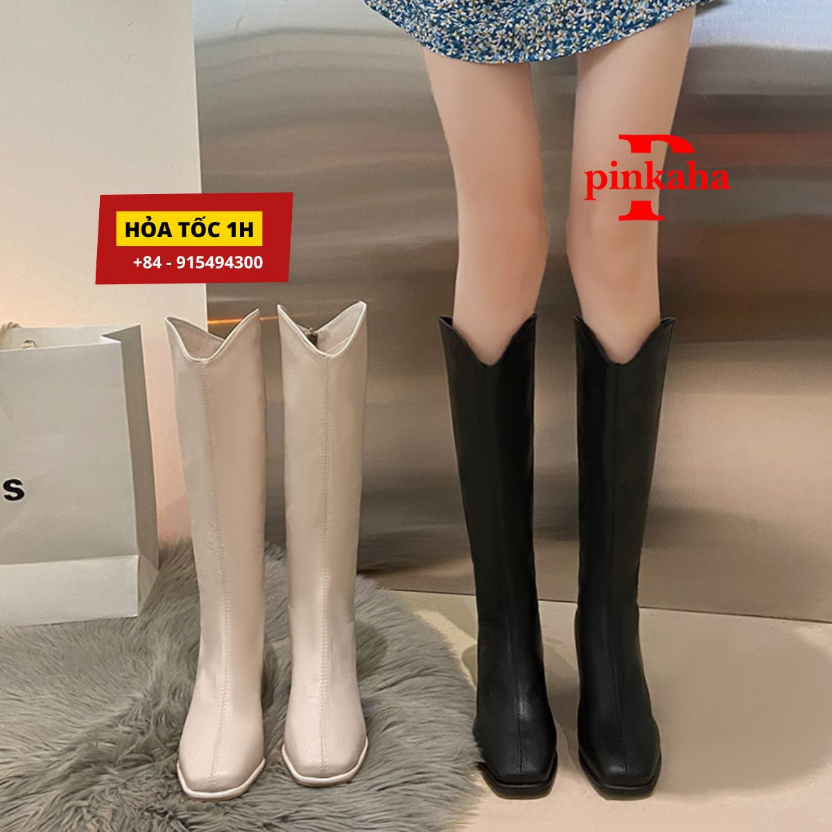 Hình ảnh Bốt Đùi Nữ Da Lì Trắng Đen Thời Trang Khoá Sau Ulzzang Siêu Hót Cao Cổ Giày Boot Xinh