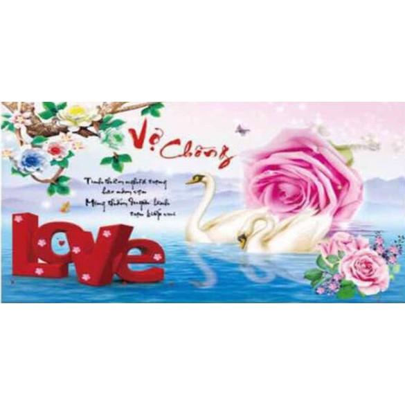 Tranh thêu vợ chồng thiên nga hoa hồng X8202 - kích thước: 63 * 43cm.