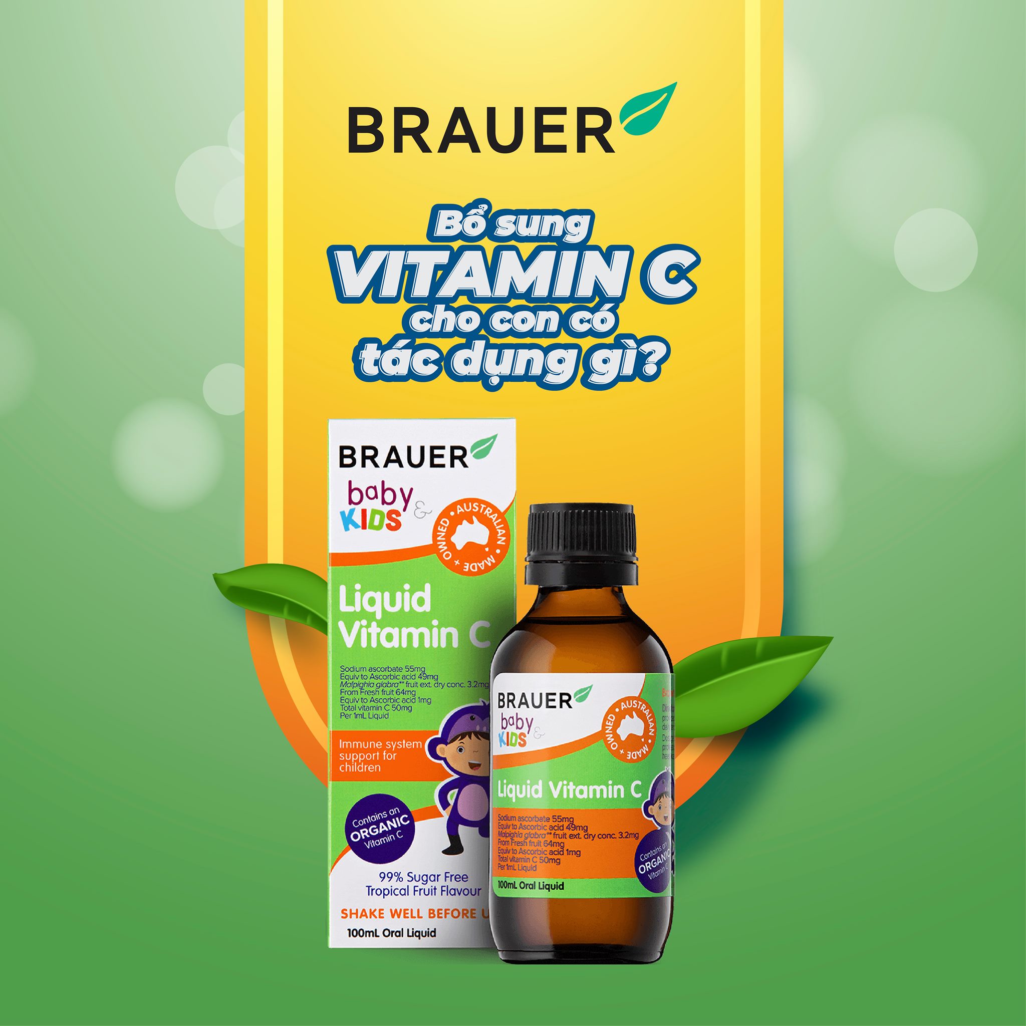 Vitamin C cho trẻ 1 - 13 tuổi Brauer Úc tăng đề kháng, tăng hệ miễn dịch, xương, răng chắc khỏe, nhanh lành vết thương (bệnh) - OZ Slim Store