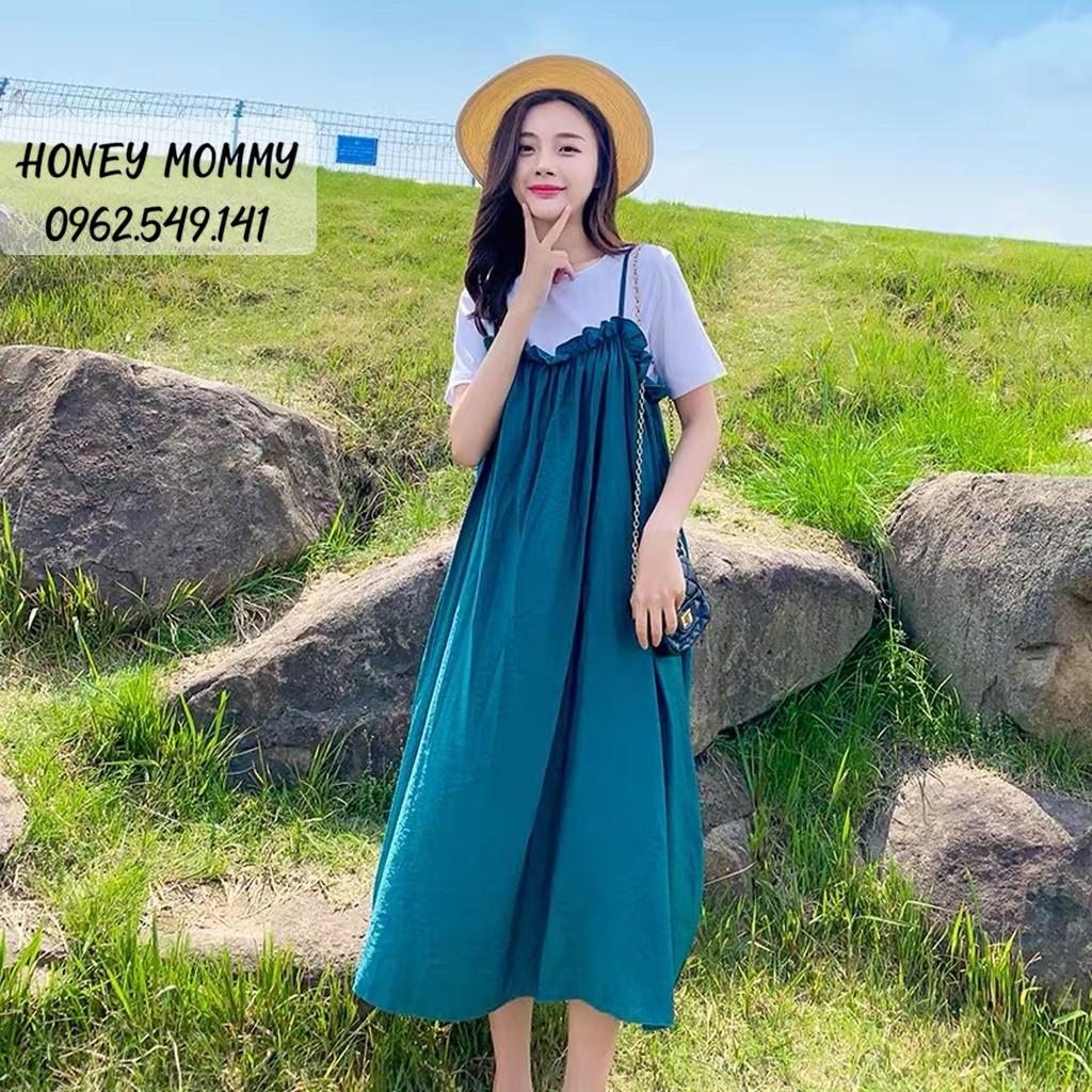 Váy Bầu Yếm 2 Dây Dáng Xòe Váy Bầu Hè Ngắn Tay Dáng Dài Đi Chơi Đi Làm HD2618 Honey Mommy Đầm Bầu Yếm Mùa Hè Vải Mát