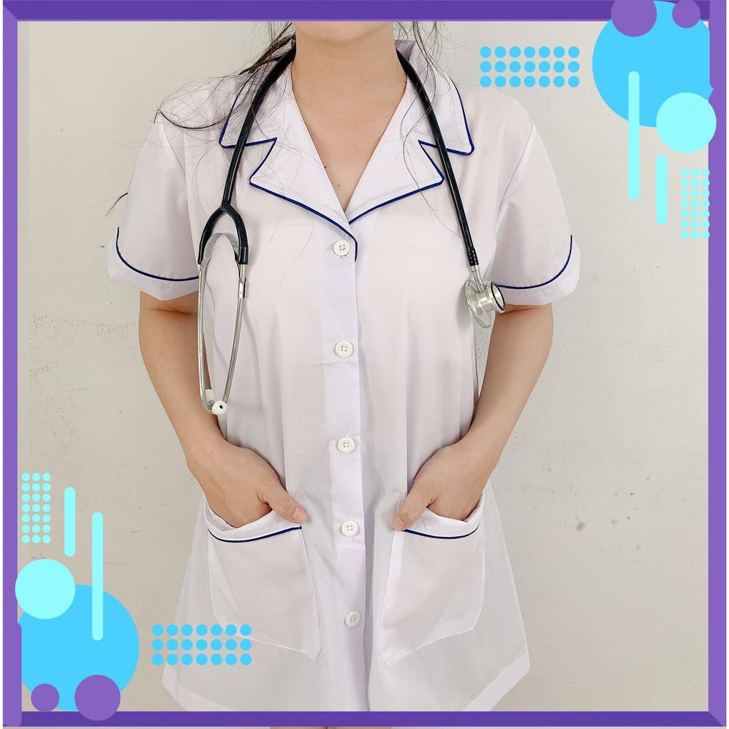 Áo Blouse Trắng Dược Sĩ, Y Tá, Nhà Thuốc Ngắn Tay Viền Lé Bích Cao Cấp