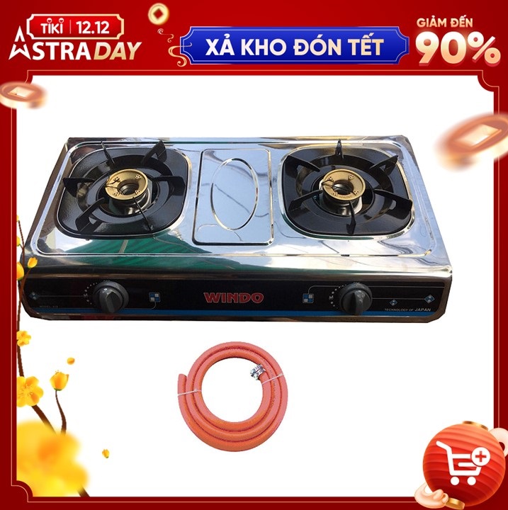 Bếp gas đôi mặt Inox Windo +Tặng dây dẩn gas 3 lớp - Hàng Chính Hãng