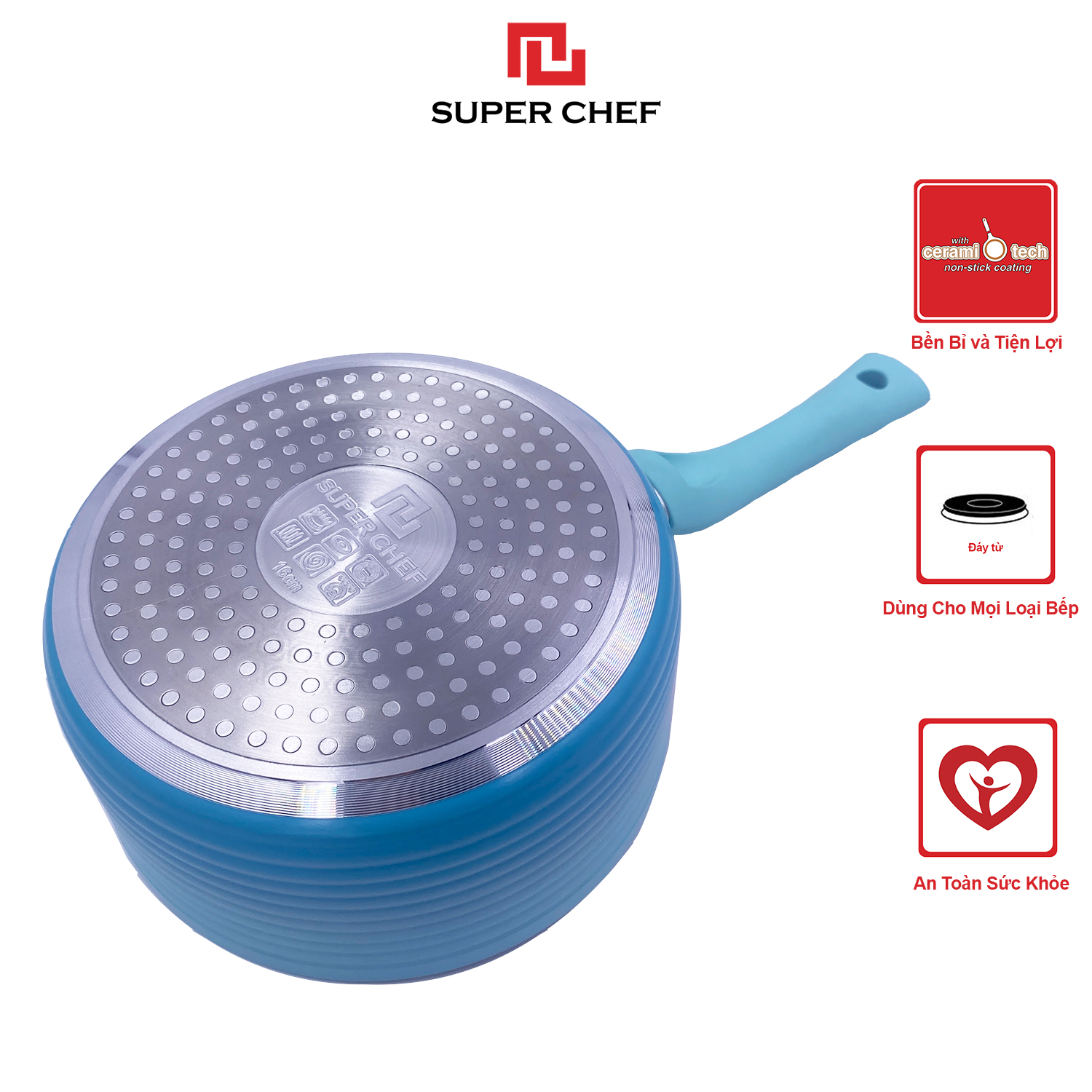 Nồi Cán Dài/ Quánh Ceramic Đáy Từ Chef Blue Cao Cấp An Toàn Sức Khỏe, Thiết Kế Mới, Siêu Bền Bỉ Không Bong Tróc, Hạn Chế Trầy Xước Size 16cm