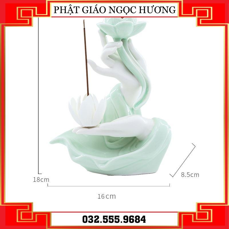 Thác khói Trầm Hương Bàn Tay Phật Cao Cấp - Thủ Ấn Tránh Ác Tarjani Mudra Hoa Sen - Cầm Sen Sứ Trắng Xanh Sen