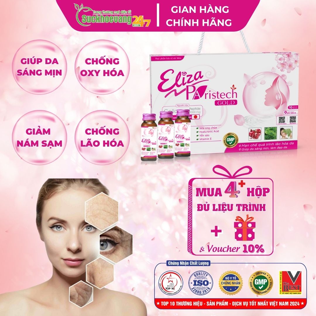 Collagen nước 9000mg Eliza Paristech Gold hạn chế quá trình lão hóa, giúp da sáng mịn, làm đẹp da - Hộp 10 lọ x 30ml