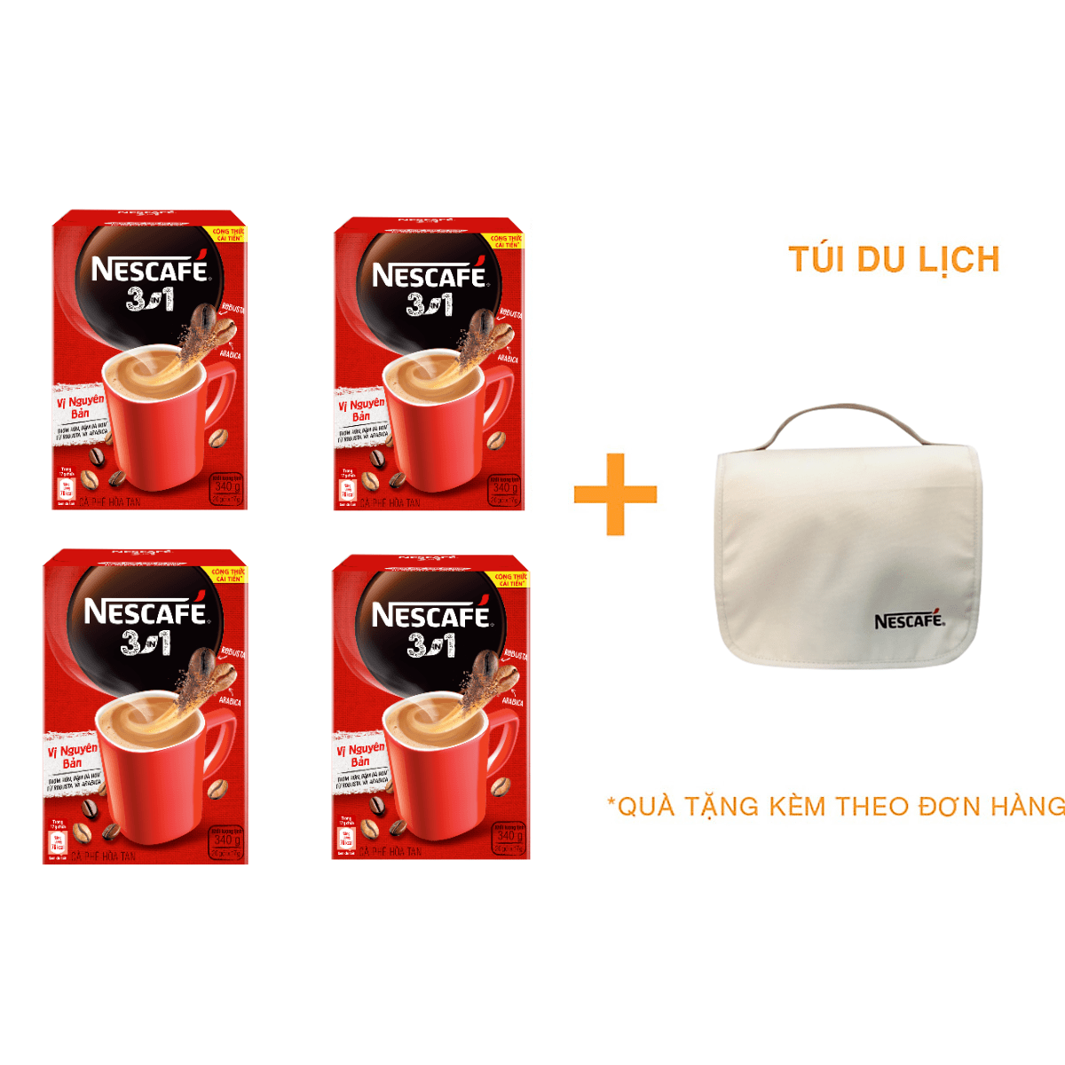 Combo 4 hộp cà phê rang xay hòa tan Nescafé 3in1 Vị Nguyên Bản (Hộp 20 gói x 17g) [Tặng túi du lịch - màu ngẫu nhiên]