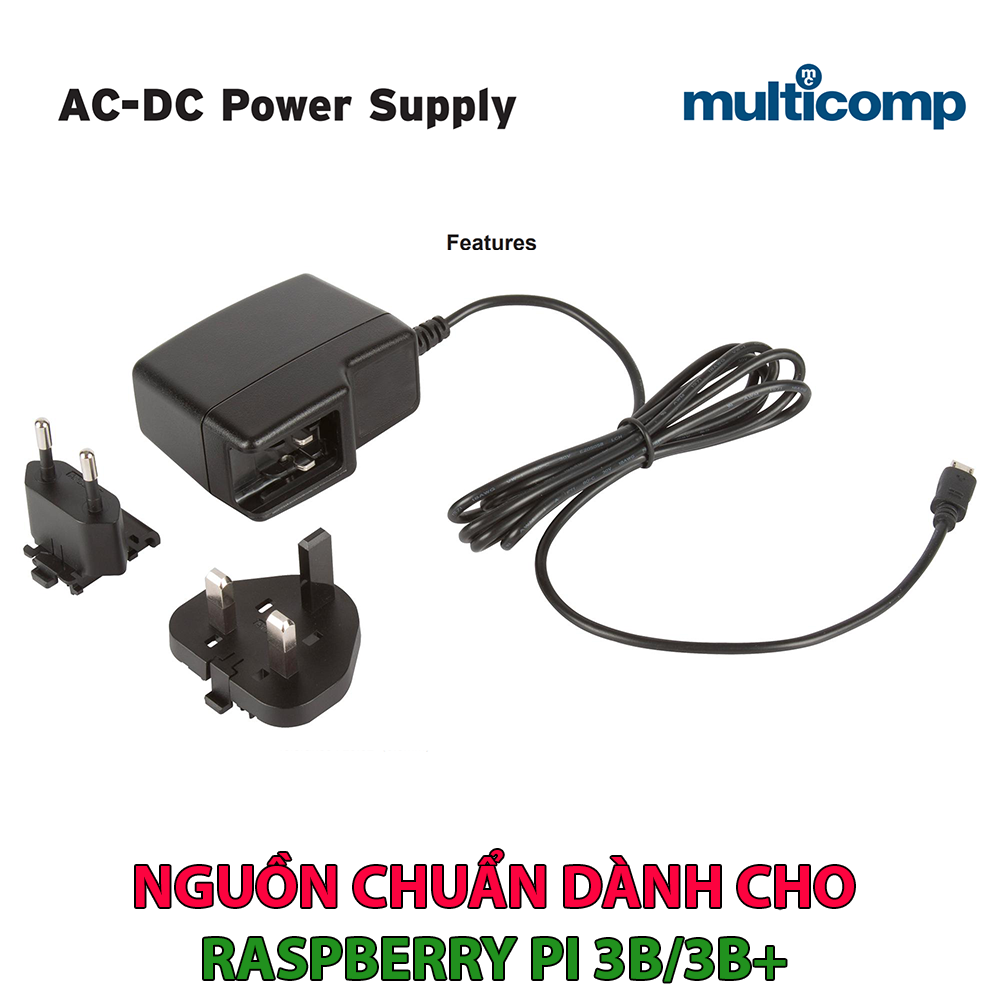 Nguồn chuẩn 5.1V, 2.5A Multicomp dành cho Raspberry Pi 3B/3B+, Euro / UK Plug - Hàng Chính Hãng