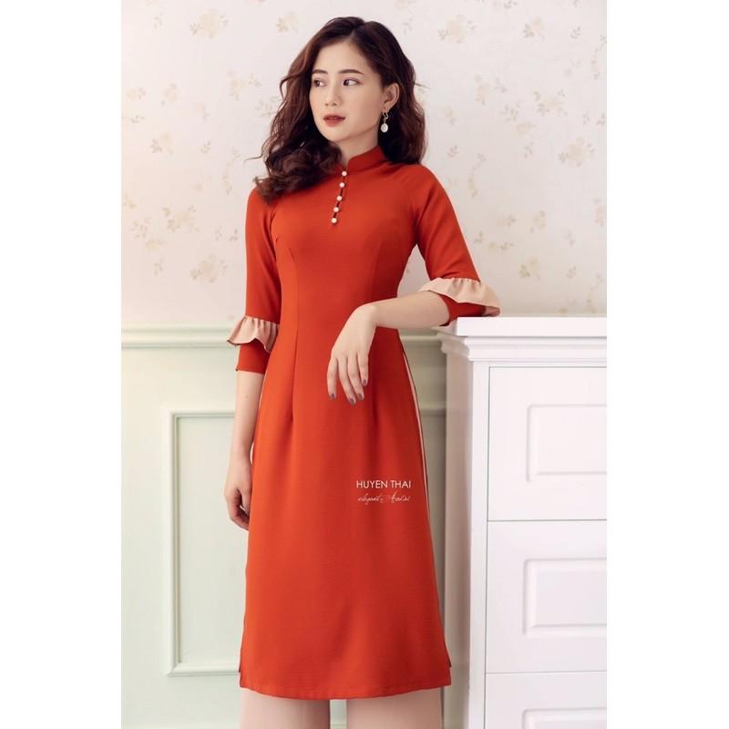 BỘ ÁO DÀI CÁCH TÂN MẪU HUYỀN THÁI/ CỔ VUÔNG V TAY LỠ CÚC BỌC VẢI CỰC SANG/ Áo Dài Hồng Hạnh