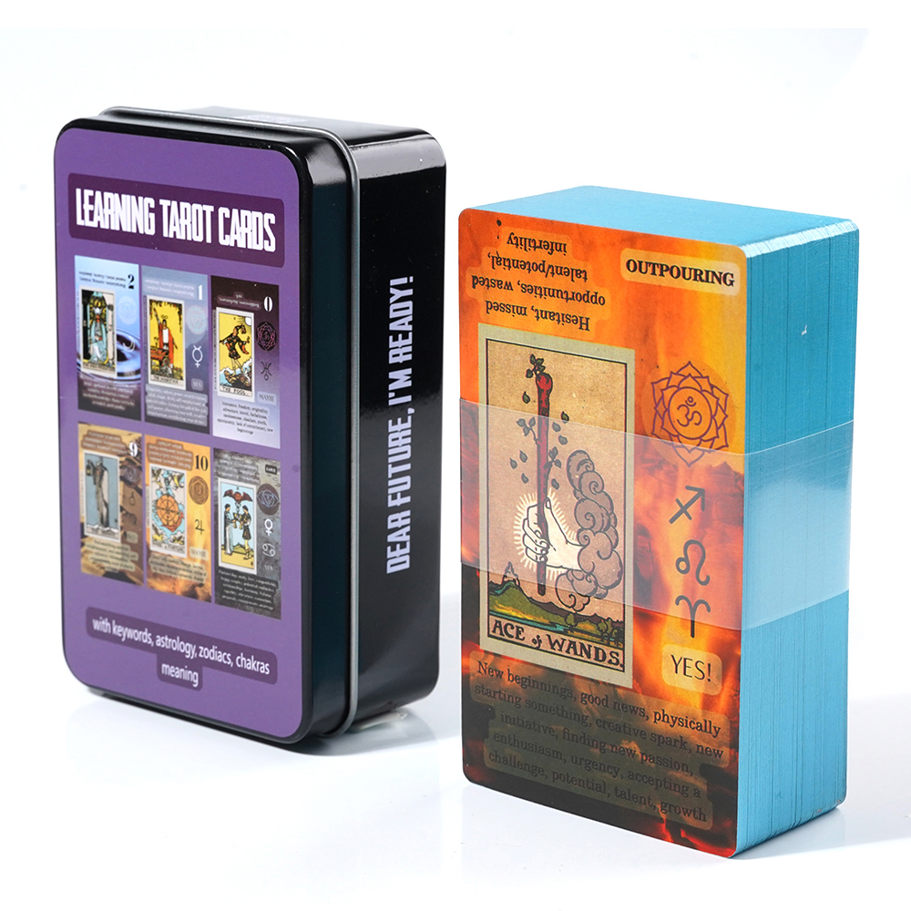 Bộ Bài Learning Tarot Hộp Thiếc Mạ Cạnh 78 Lá Bài Tặng Đá Thanh Tẩy