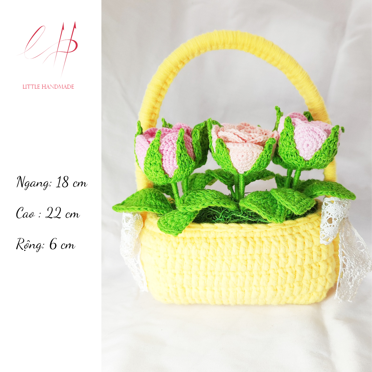 Giỏ hoa hồng ghép cánh phong cách lolita 18 x 22 x 6 cm