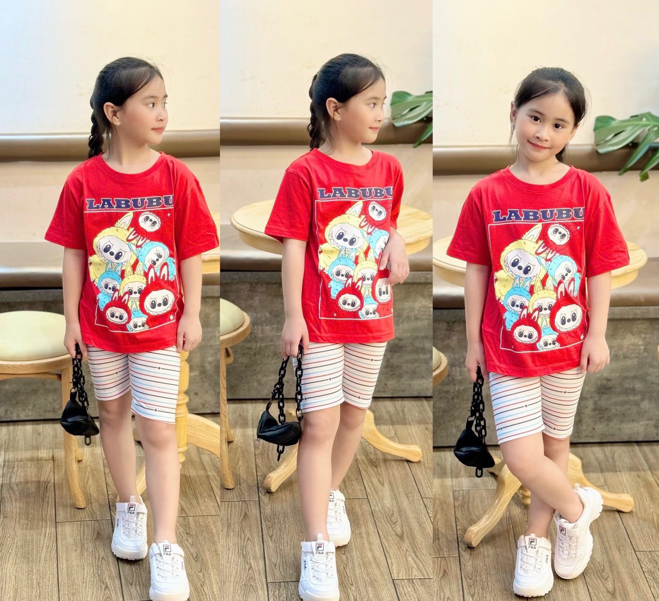 Đồ bộ ngắn tay mùa hè cho bé gái kuromi gấu dâu melody labubu size 12-40kg chất cotton mềm mịn mát