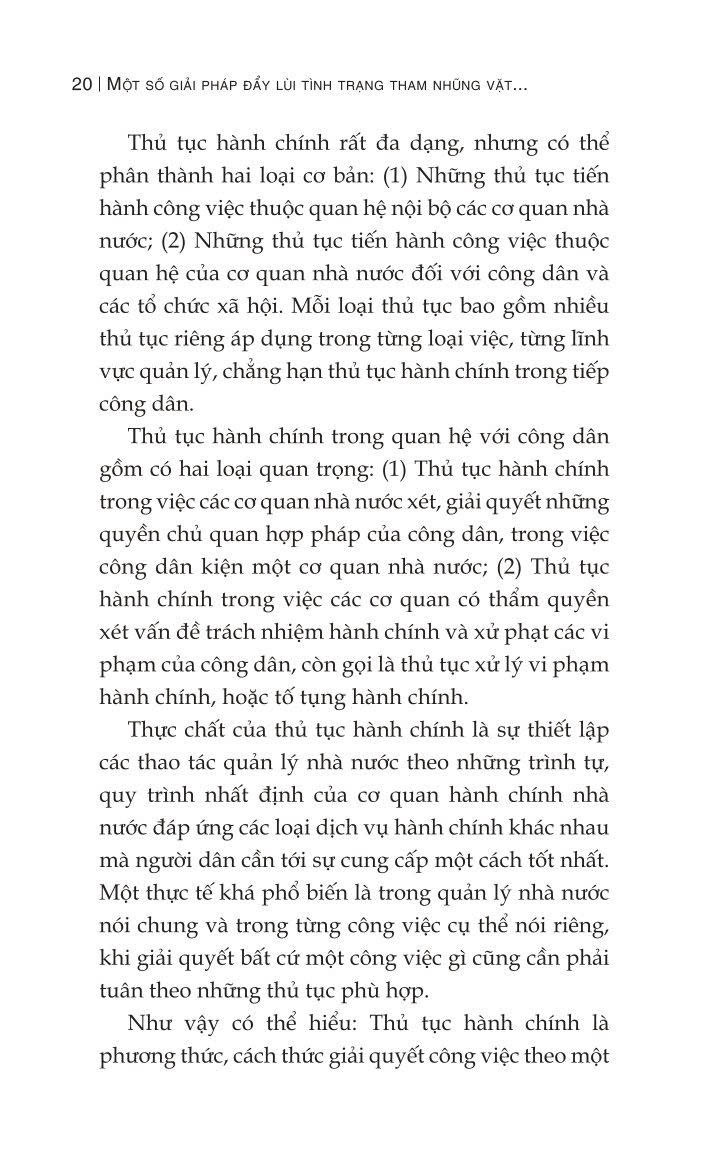 Một số giải pháp đẩy lùi tình trạng tham nhũng vặt trong giải quyết các thủ tục hành chính ở nước ta hiện nay (Sách chuyên khảo)
