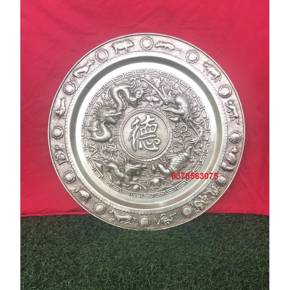 Mâm đồng chữ đức hán màu giả cổ hoạ tiết tứ linh 52cm